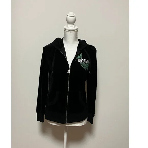 BCBG Maxazria Black Velour Hoodie With Green Butterflies, Size Large, Full Zip - Picture 2 of 13